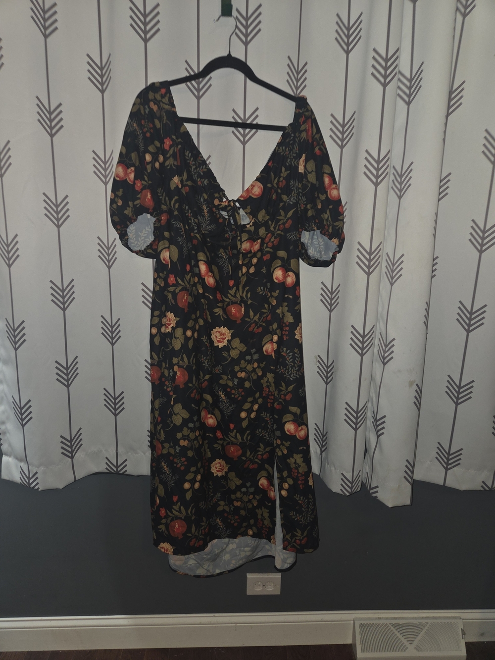 SHEIN Black Floral Maxi Dress with Red and Green Accents